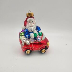 Vintage Polish Blown Glass Santa Driving Car Ornament with Gifts & Puppy